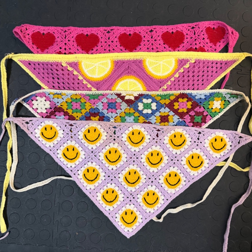Lot of 4 Handmade Crochet Bandana Hair Scarves Smiley Heart Lemon Granny Square